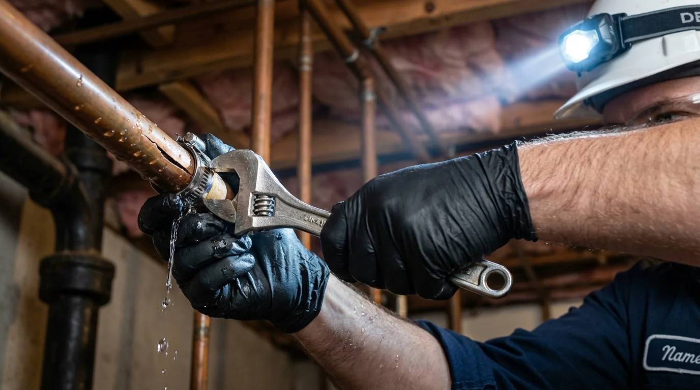 Emergency pipe clamp repair being performed by a Johns Plumbing LLC plumber in Beulah