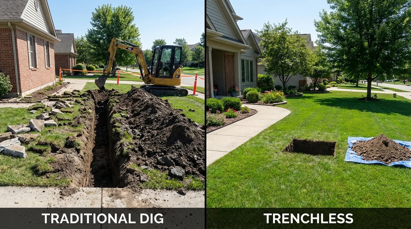 Trenchless sewer repair with minimal yard damage versus traditional excavation in Beulah, MI