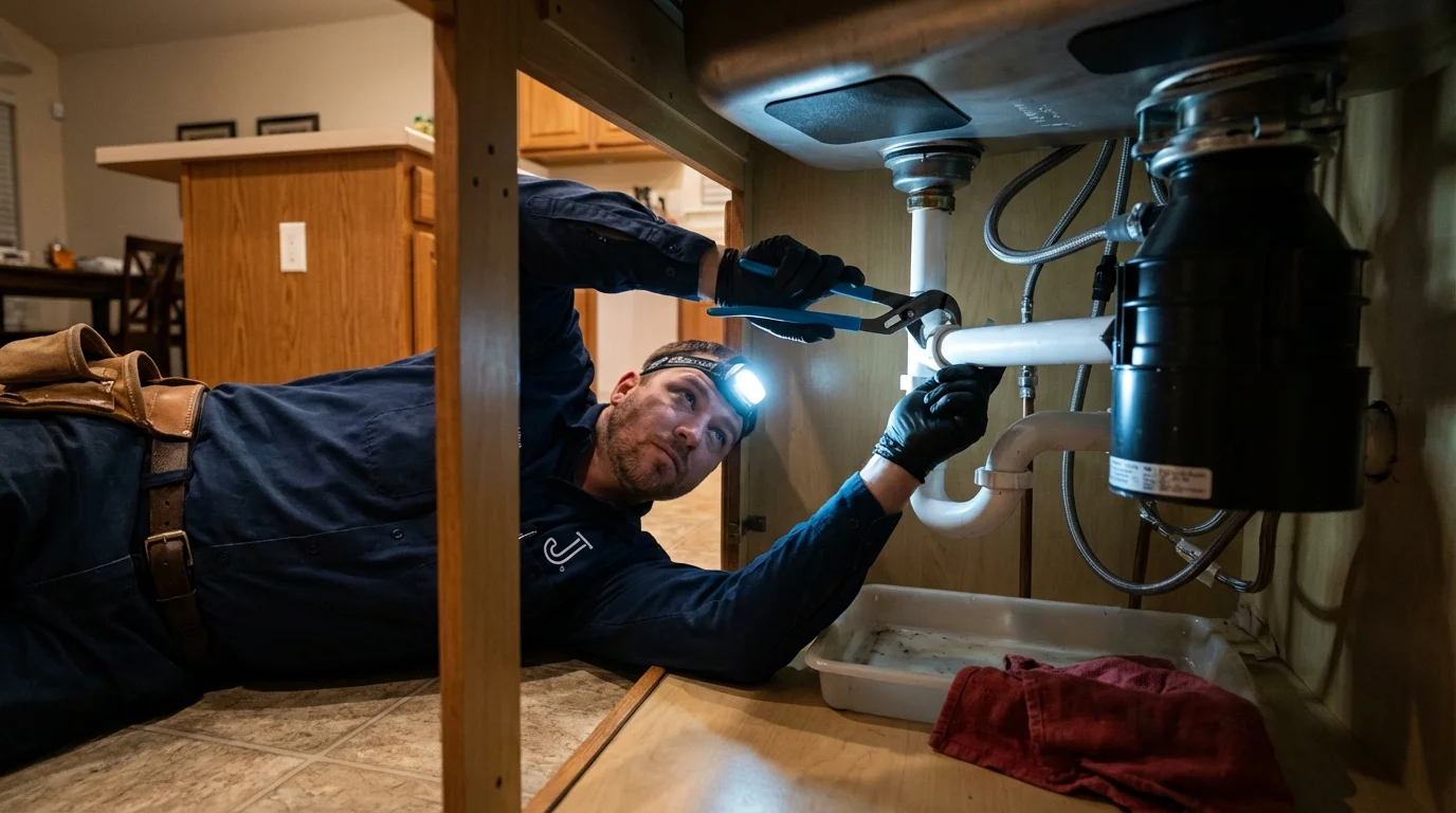 P-trap and supply line connections under a kitchen sink showing a common leak point in Beulah, MI